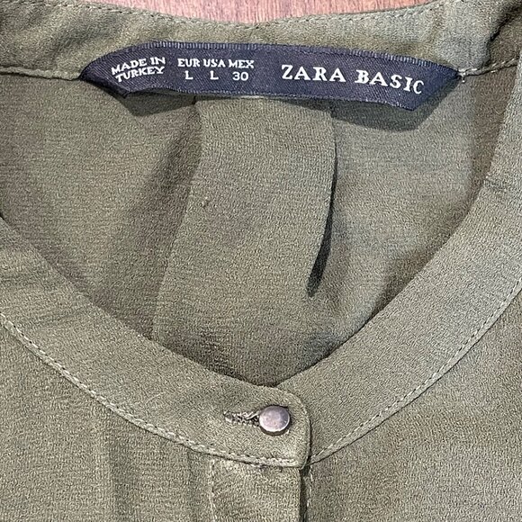 Zara Basic Chiffon Blouse Women's Size Large Green Military Style Long Sleeves - Picture 4 of 7